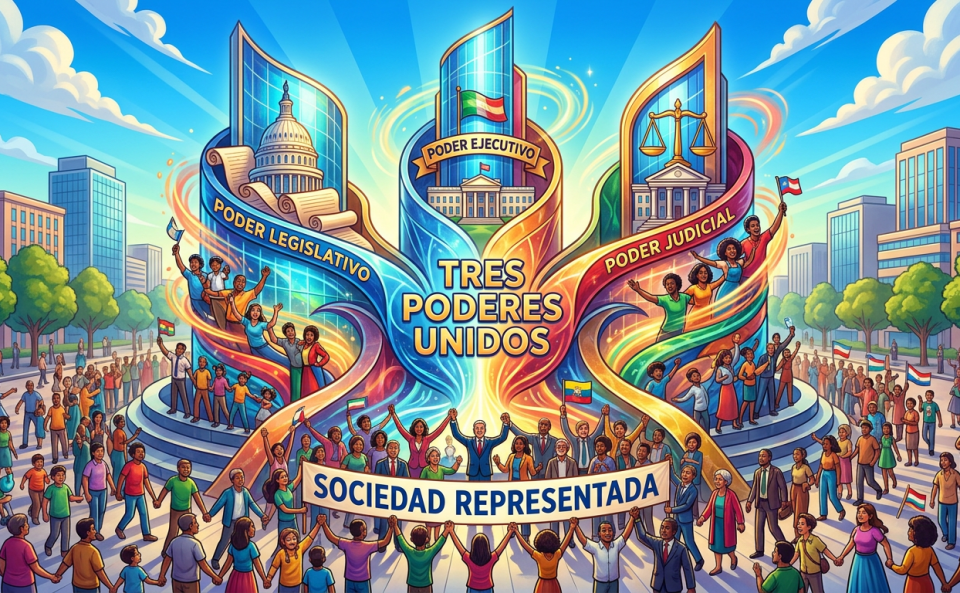 Illustration of three government branches united with people holding a banner saying sociedad representada